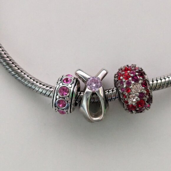 CHAM 925 Sterling Silver 3 Charm Breast Cancer Awareness Snake Bracelet - Picture 2 of 7